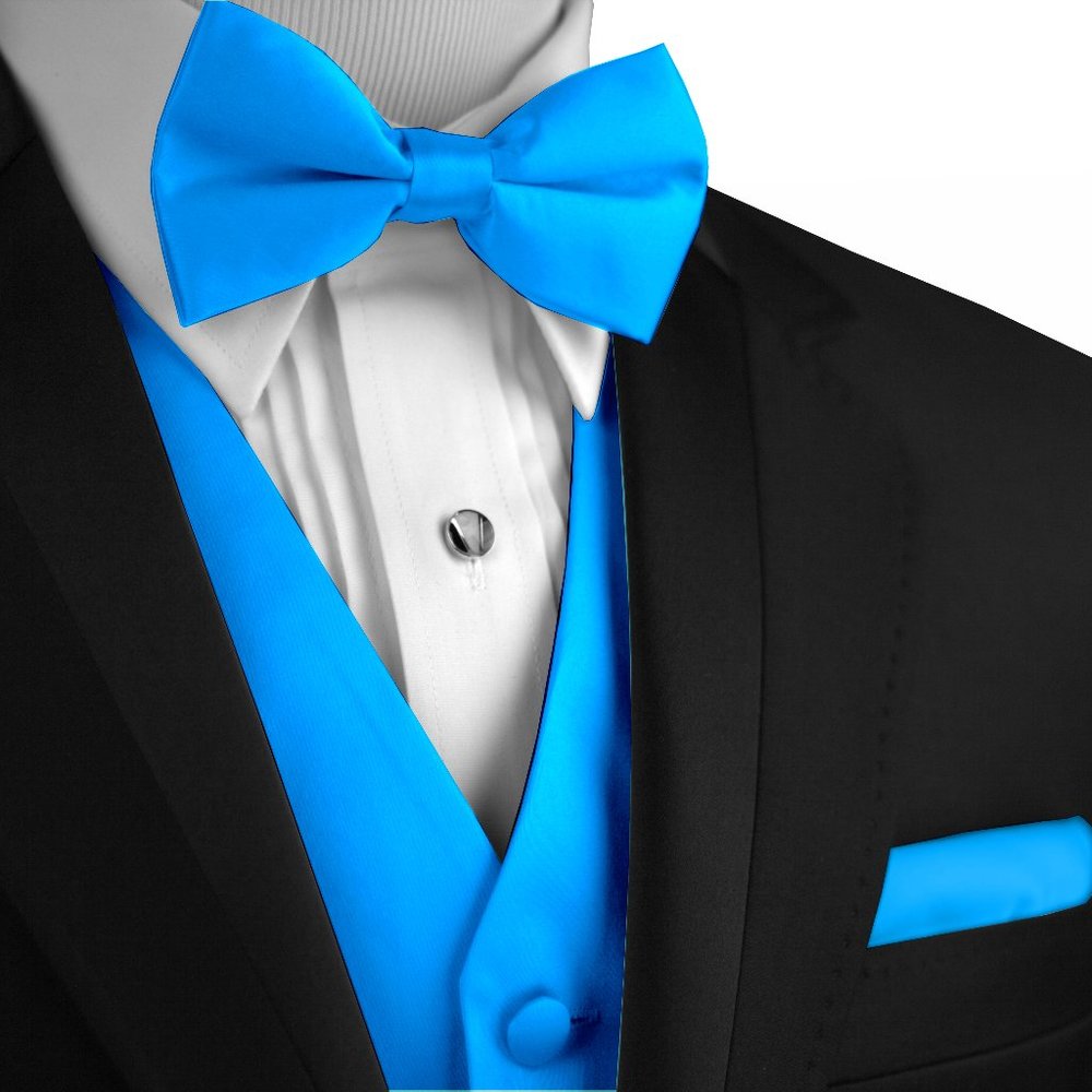 Men's Formal Wedding Prom Homecoming Tuxedo Vest Bow-Tie Hankie - Blue Satin